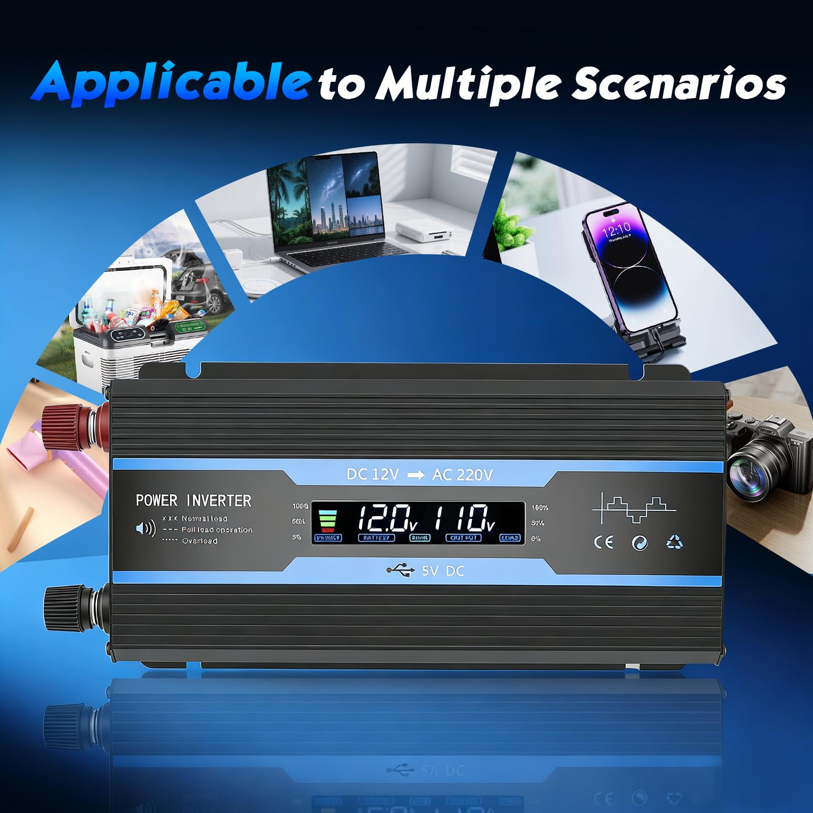 2000W Power Inverter 12V to 240V with LCD Display, 2 UK Sockets & USB Port, Modified Sine Wave Car Inverter for Camping, RV, Truck, Home Use – High Efficiency >95%, Safety Protections (Blue) — view 8