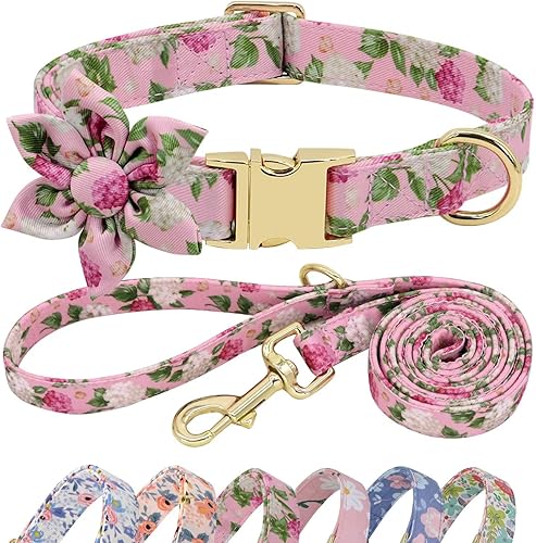 Miniatura 7 de Beirui Lindo juego de collar y correa para perras hembras, collar floral de perro con flor para perros pequeños, medianos y grandes, cachorros, XS