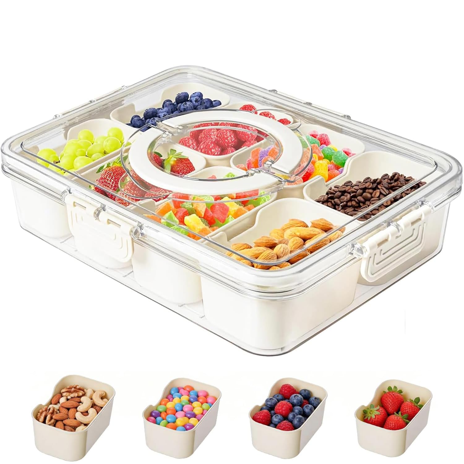 Tolzimx Snackbox mit 8 Fächern, Snackschale, Snackteller mit Deckel und Griff, Snackdose für die Aufbewahrung von Snacks,Süßigkeiten, Nüssen und Obst für Picknicks und Reisen(Spülmaschinenfest)