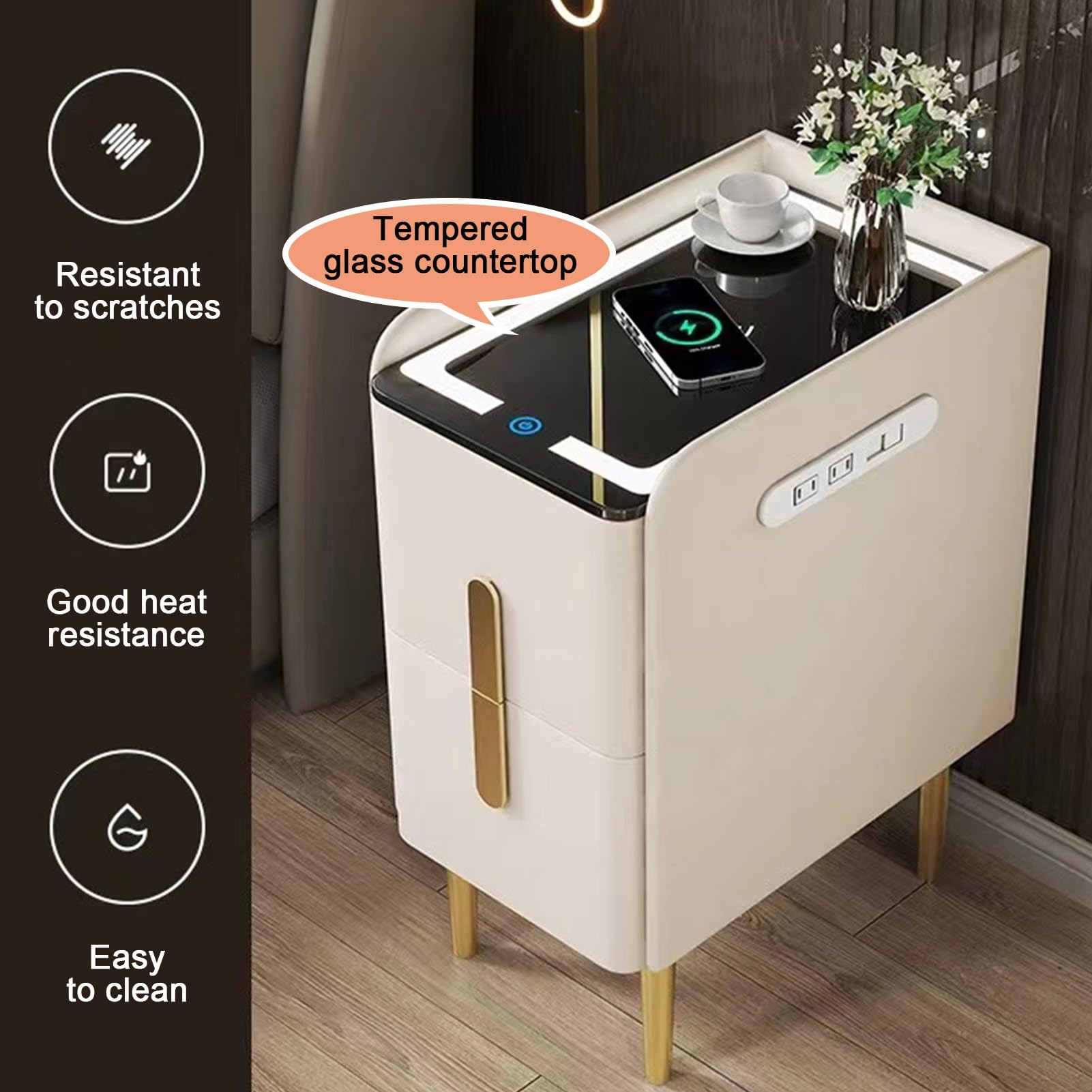 Inteligentny stolik nocny z portami ładowania USB, światła LED w różnych kolorach, 2 szuflady, oszczędzająca miejsce drewniana szafka nocna do sypialni (Khaki, 2 sztuki, 50 cm)