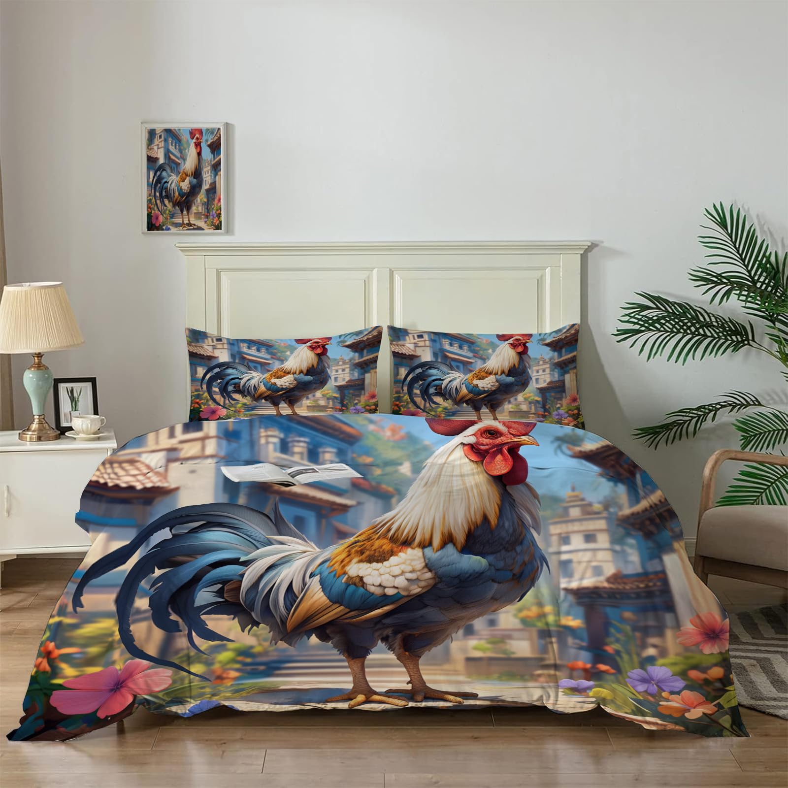 Housse de couette coq et fleurs animées pour une chambre style campagne