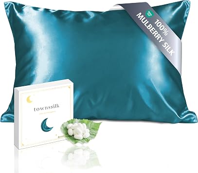 townssilk Both Side 100% 19mm Pure Mulberry Silk Pillowcase for Hair and Skin Health, 40x60cm size Pillow Case Cushion Cover with Hidden Zipper 600 Thread Count peacockblue