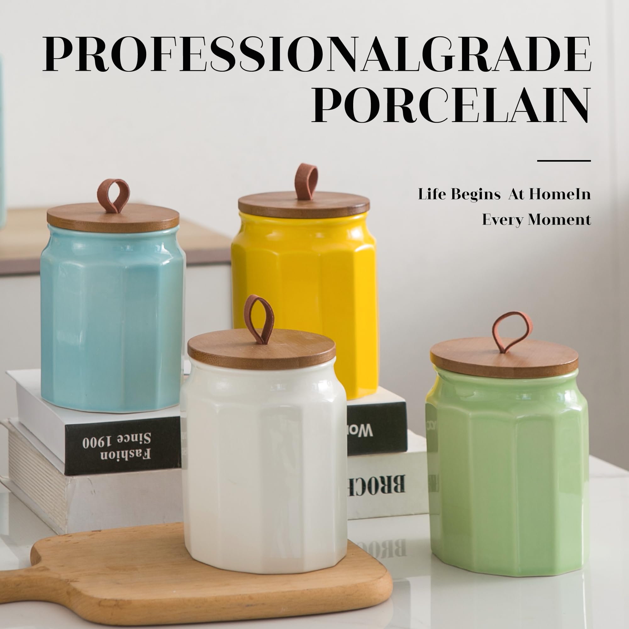 Set di 4 contenitori da cucina in ceramica con coperchi ermetici in bambù, cucchiai ed etichetta, grandi contenitori per farina e zucchero per servire caffè macinato