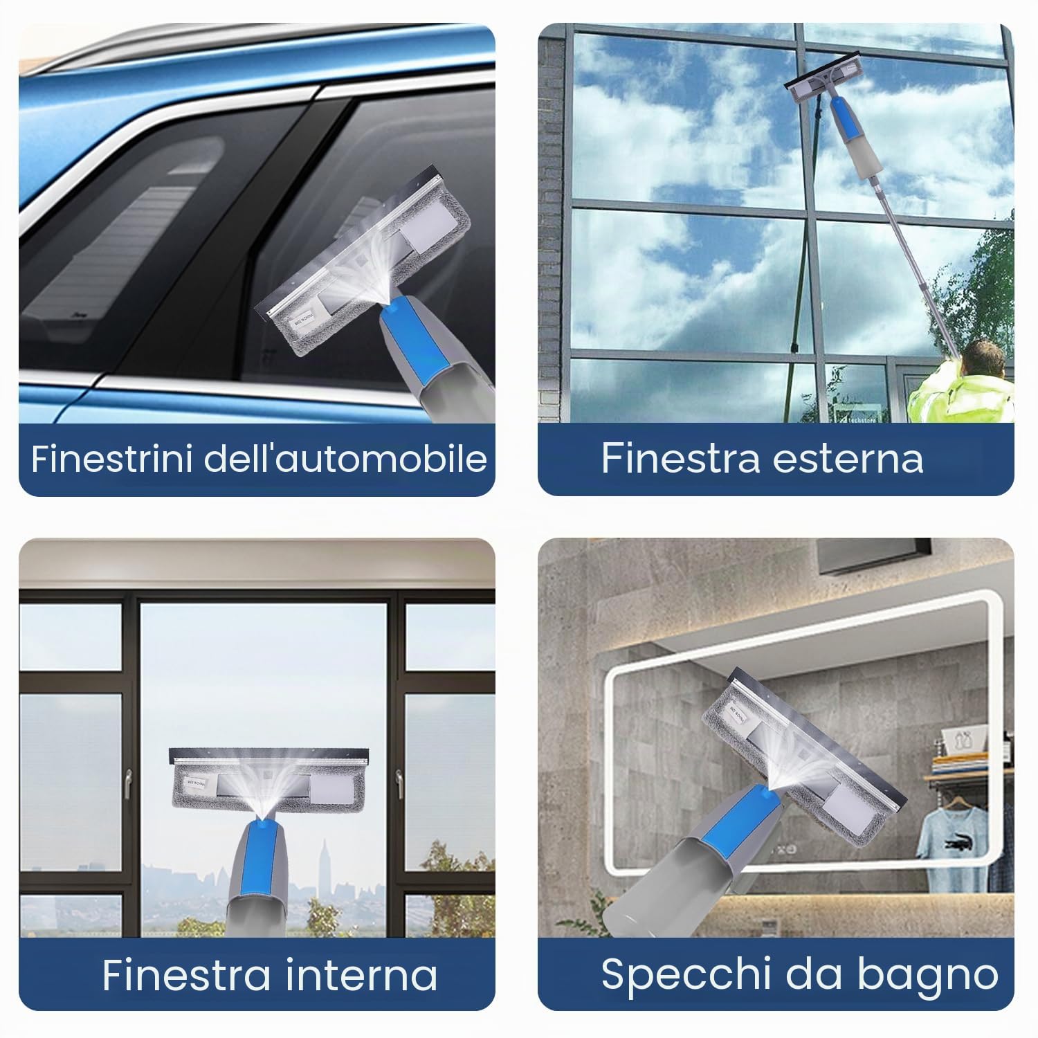 Spazzola Lavavetri con Spray, Kit di Pulizia 3 in 1 con Asta di Prolunga, Lavavetri Professionale da 190 cm con 3 Panni in Microfibra, Strumenti per la Pulizia dei Vetri per Interni ed Esterni
