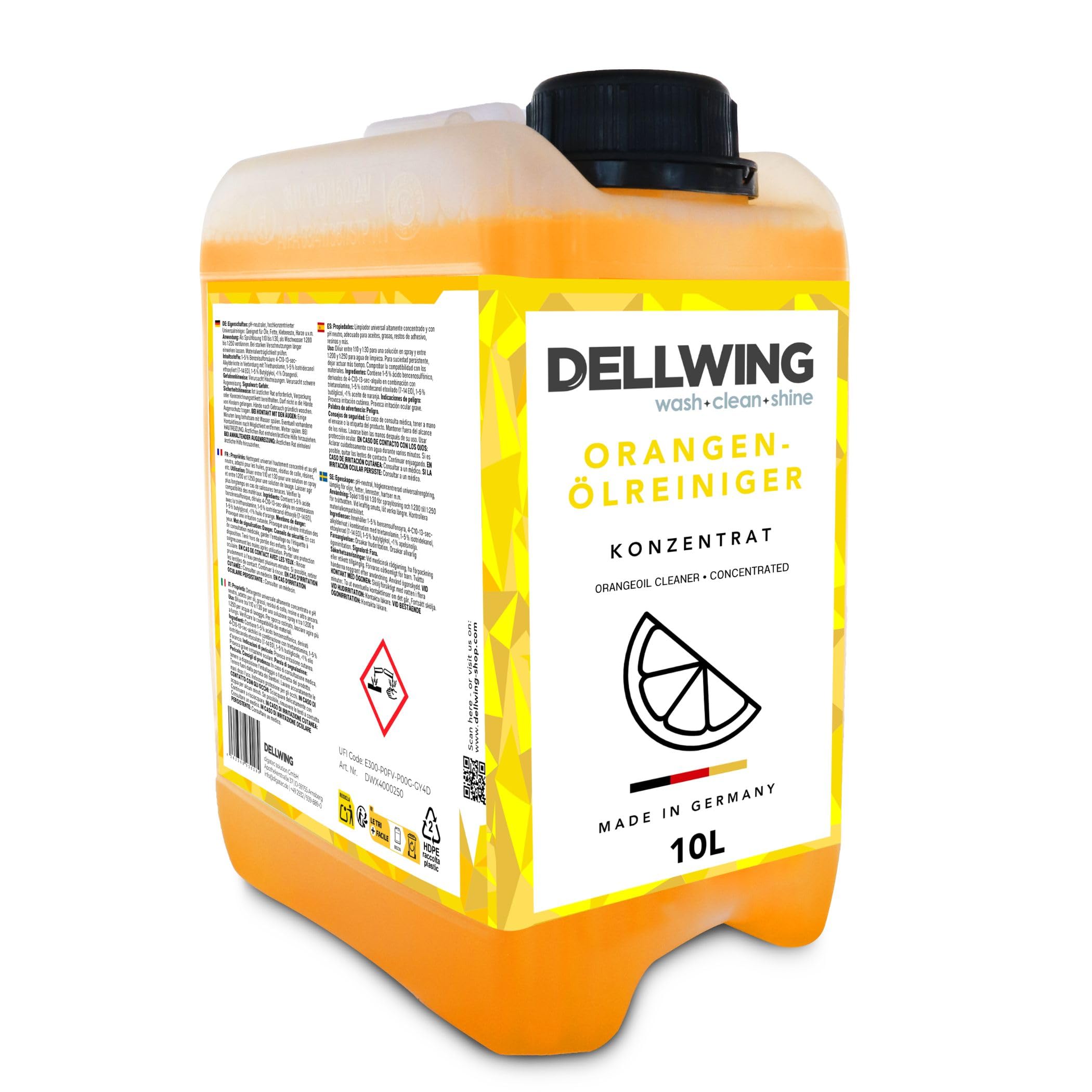 Dellwing Limpiador de aceite de naranja concentrado 10 l, limpiador universal con aceite de naranja, altamente concentrado, para cocina y suelos, fabricado en Alemania