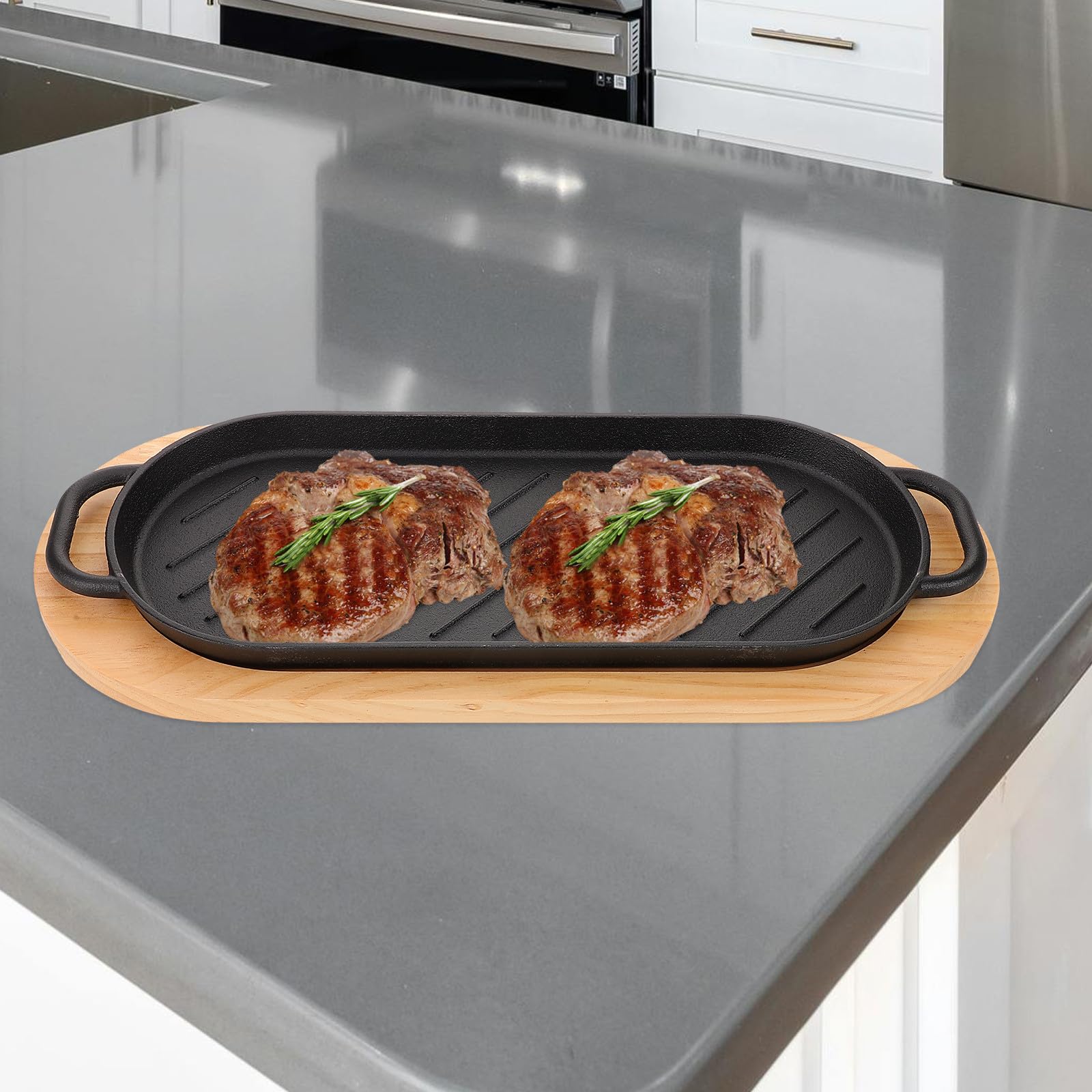 Plancha de Hierro Fundido para Filetes con Doble Asa, Fácil de Transportar Rebabas, Adecuado para Asar en Familia Días Festivos