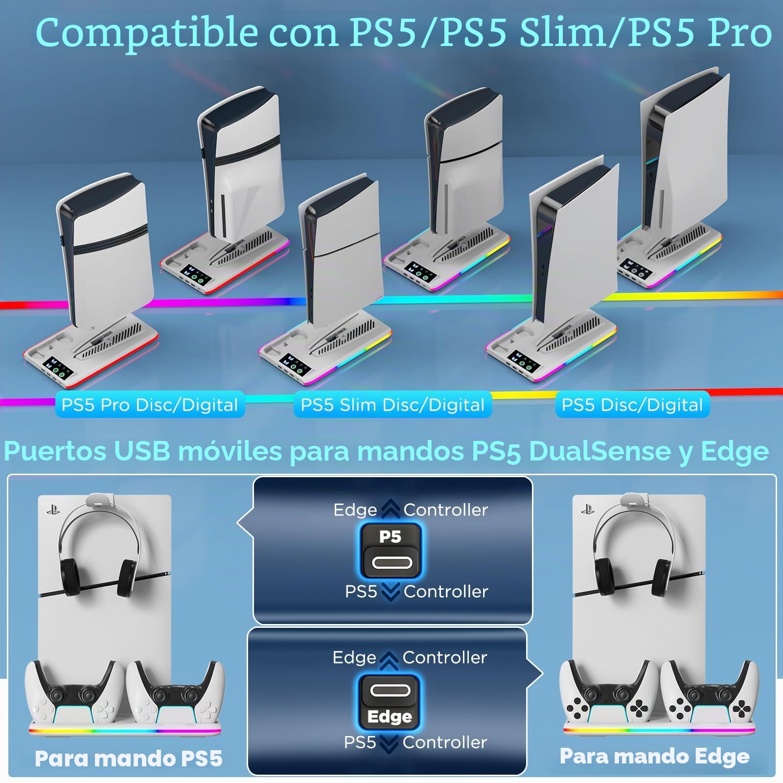 Soporte para PS5/Slim/Pro con Cargador Mando, Ventilador PS5 de 3 Velocidades, Luz LED RGB, Soporte PlayStation 5 Vertical con 3 Puertos USB, Soportes Compatible con Consola PlayStation 5