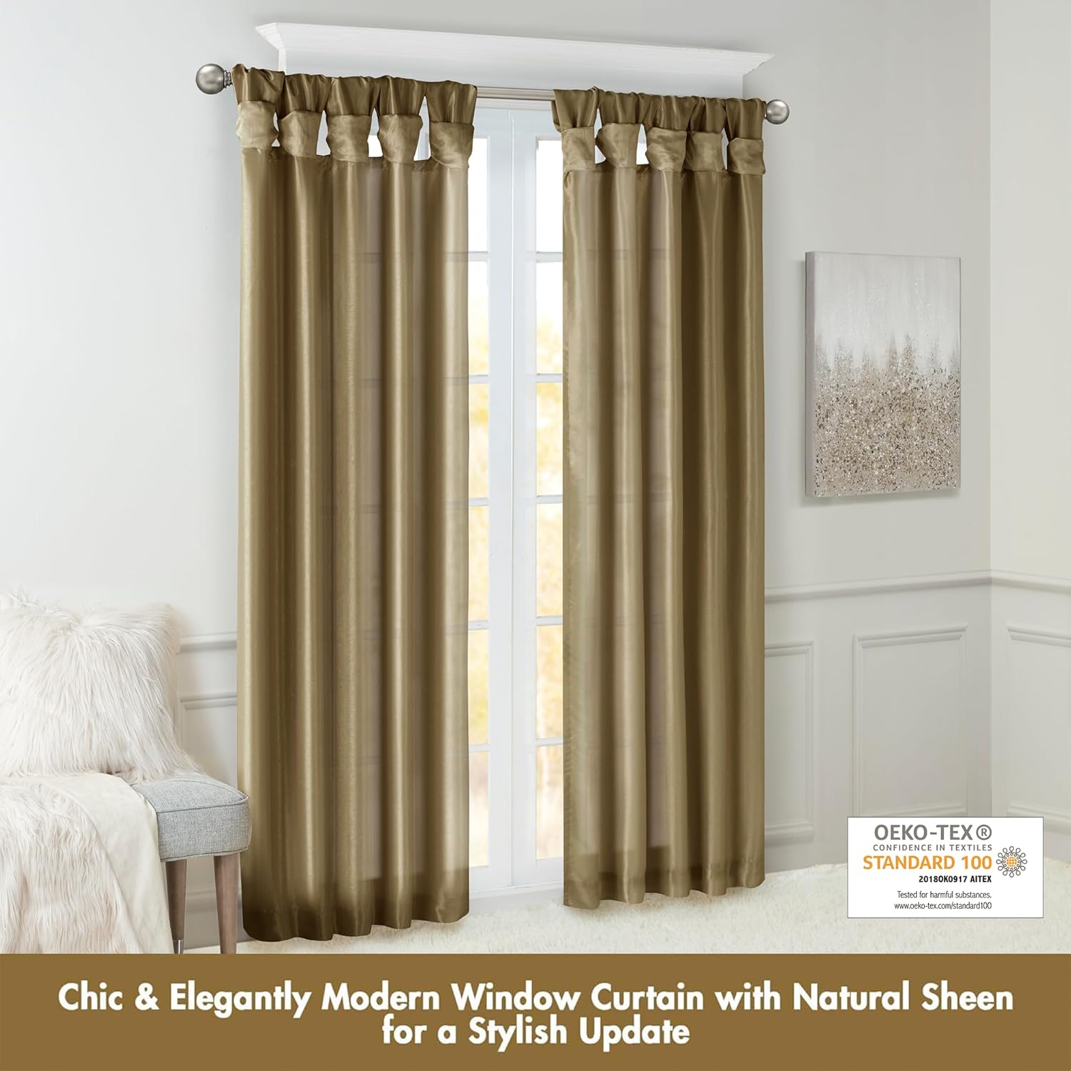 Madison Park Emilia Faux Silk Single Curtain with Privacy Lining, DIY Twist Tab Top, Room Darkening Window Drape for Living Room, Bedroom and Dorm, 84"L x 50"W, Bronze