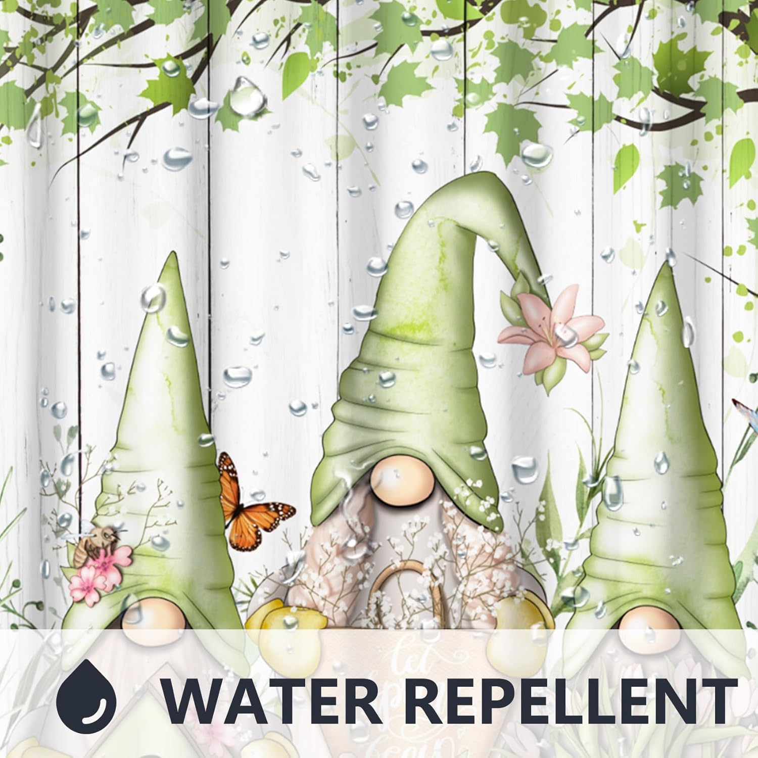 Renaiss 72x72 Inches Spring Gnomes Shower Curtain Green Leaves Tree Butterfly White Wood Board Flower Botanical Plants Fabric Shower Curtains for Bathroom Decor Waterproof Fabric with Hooks