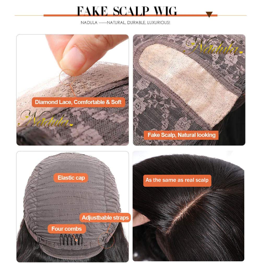 Nadula Virgin Human Straight Hair Fake Scalp Wig Middle Parting 150% Density Brazilian Remy Hair Wear and Go Glueless Wig Pre Plucked