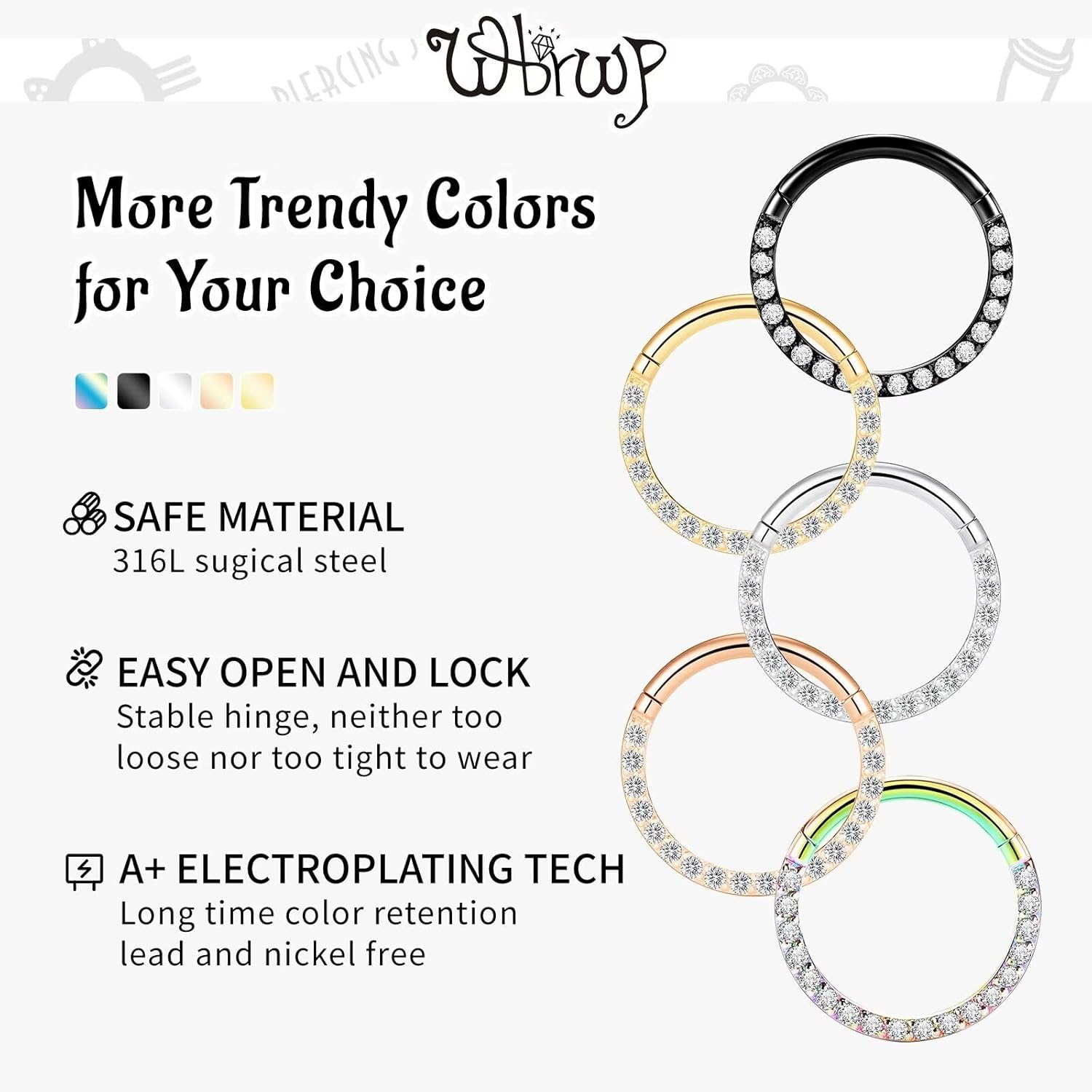 WBRWP Hinged CZ Septum Nose Rings Hoops: 316L Surgical Steel Septum Rings for Women 20G 18G 16G 14G Cartilage Earrings Conch Helix Daith Piercing Jewelry Rook Tragus Lobe Hoop 6mm 8mm 10mm - Image 4
