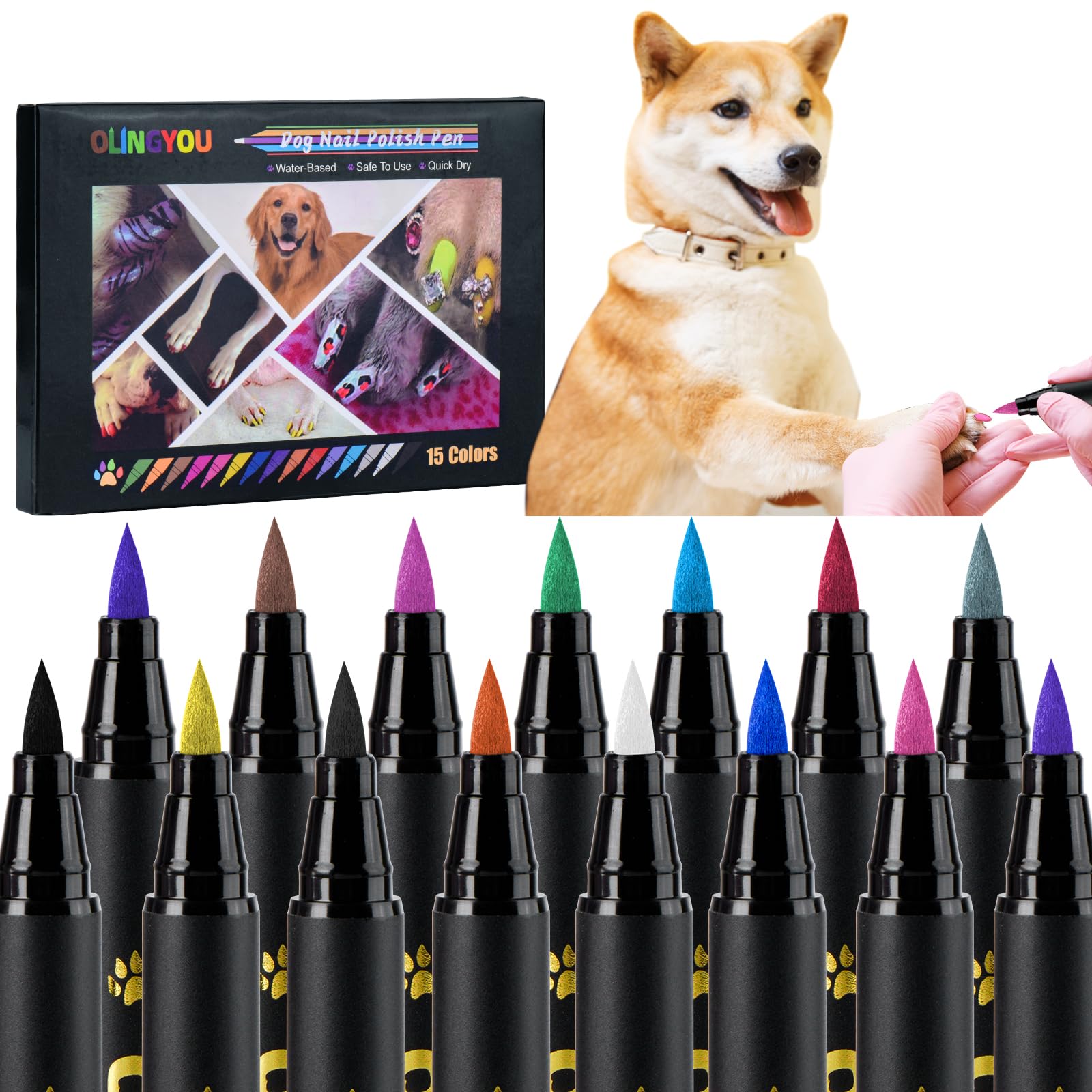OLINGYOU 15 Colors Dog Nail Polish Pens Quick Dry, Pet Nail Polish Set for Dogs DIY Dogs Puppy Nails, Dog Safe Nail Polish Non Toxic, Odorless, Easy