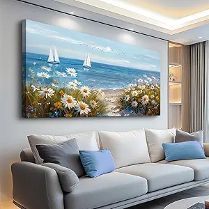 PHAOHUAXM Large Blue Ocean Landscape Canvas Printing Picture Wall Art For Living Room Farmhouse Dinin Mural White Flowers Bedroom Office Wall Decor Home Decor Painting Easy To Hang 30x60 Inches