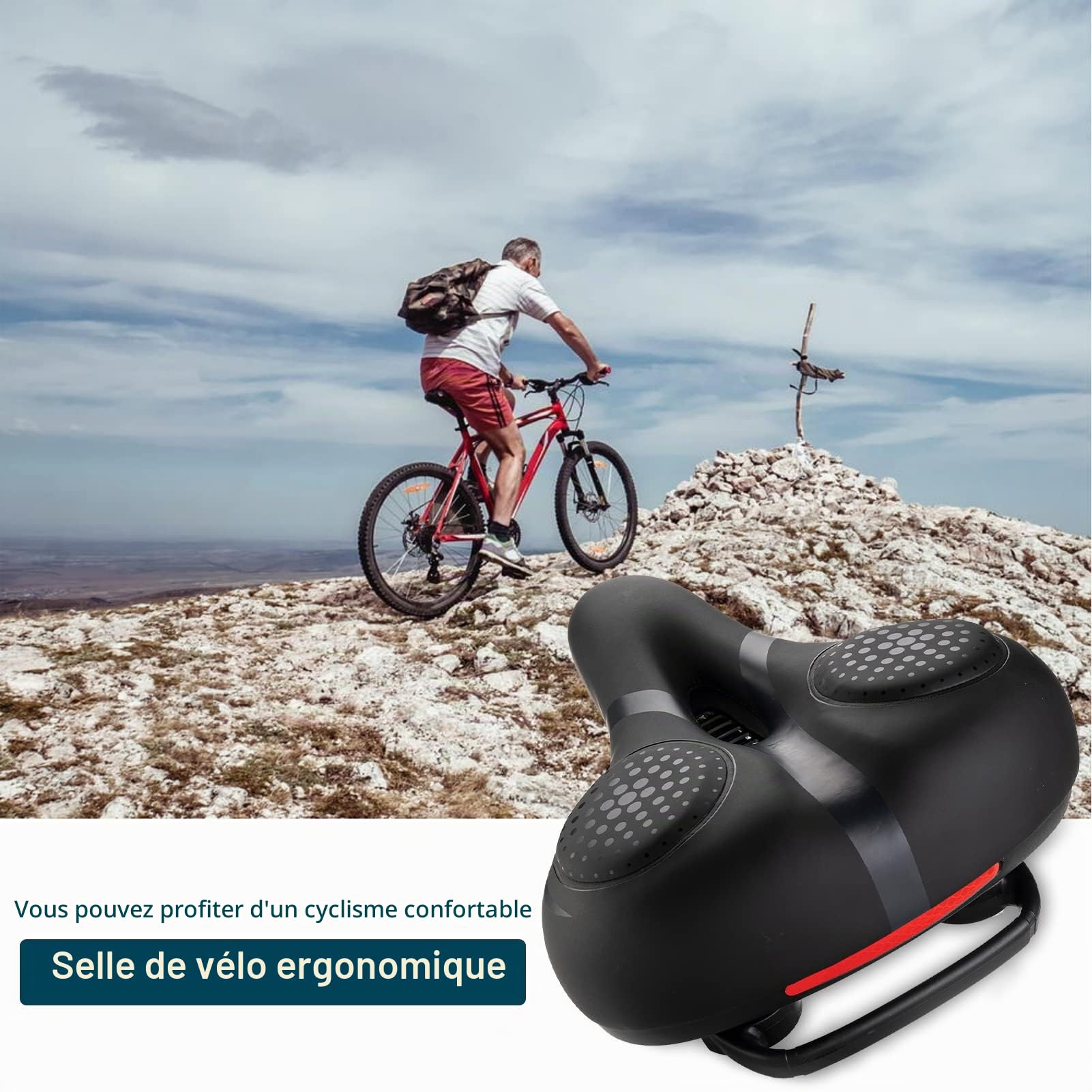 ROCKBROS Selle Vélo Confortable, Selle de VTT Confort Ergonomique, Siège de Vélo Gel Creux Respirant Amortisseur Imperméable Réfléchissant Stable pour VTT Vélo de Route Vélo de Ville Noir Marron