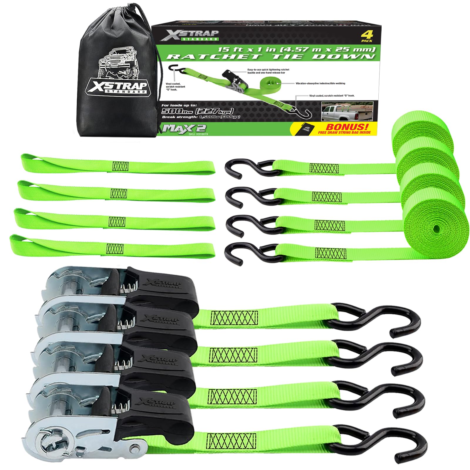 XSTRAP 4PK Ratchet Tie Down Straps, 4PCS Soft Loops
