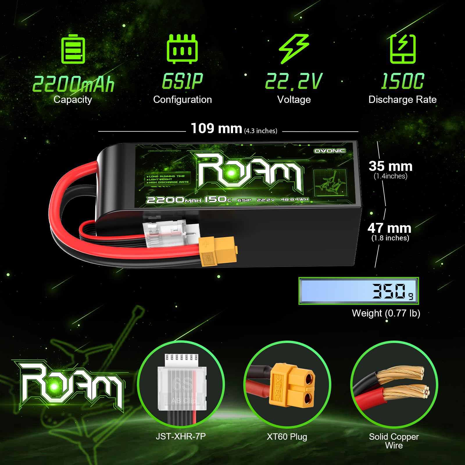 OVONIC 6s Lipo akumulator 2200 mAh 150C 22,2 V Lipo z wtyczką XT60 do FPV RC samolotu samochodu RC Quadcopter 6-7 cali długodystansowy HD Cinelifter FPV Quad(2 sztuki