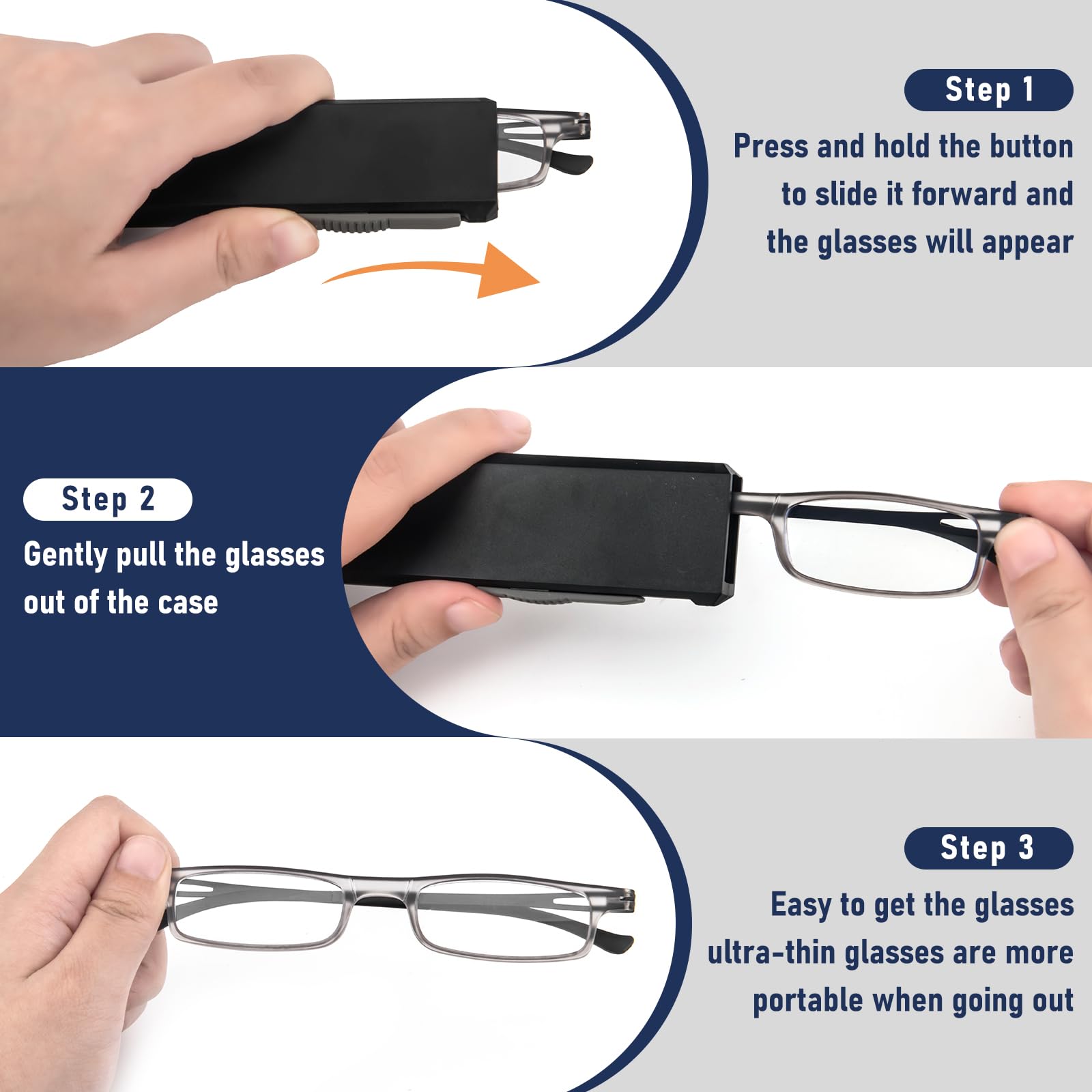 MMOWW Gafas de Lectura Ultrafinas TR90 para Hombres Mujeres Anti luz Azul Pequeño y Portátil Portátiles único Estirable Ultradelgado Negro de Cáscara Plana (Gris, +3.0)