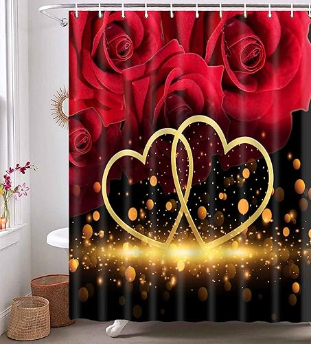 Miniatura 4 de GURETER YLXTGU137 - Cortina de ducha para el día de San Valentín diseño de corazón dorado juego de cortina de ducha romántica 12 ganchos impermeable