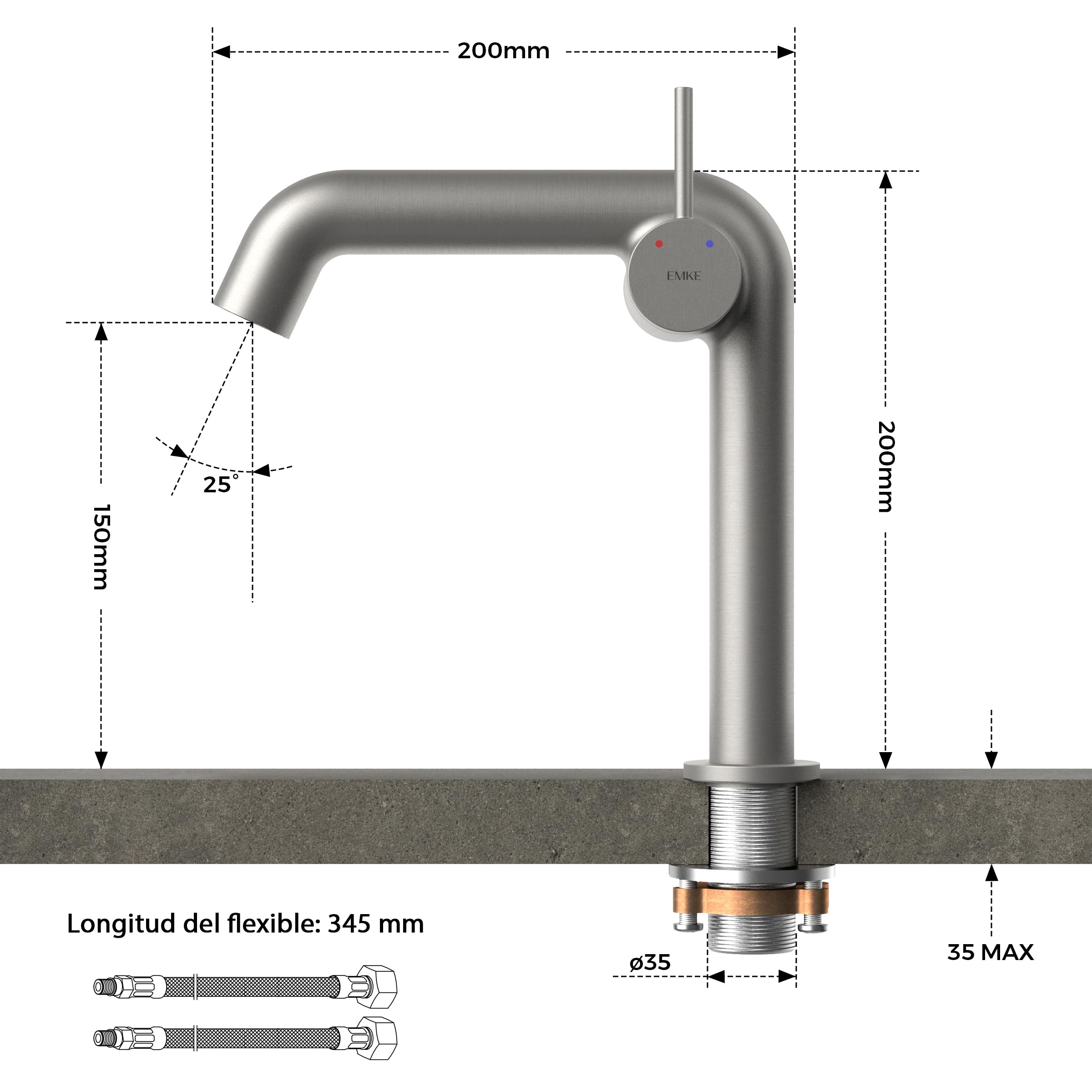 EMKE Grifo de Baño Antracita Mate, 222 x 200 x 76 mm | Latón, Cartucho de Cerámica, Grifo Monomando para Lavabo, Instalación Fácil
