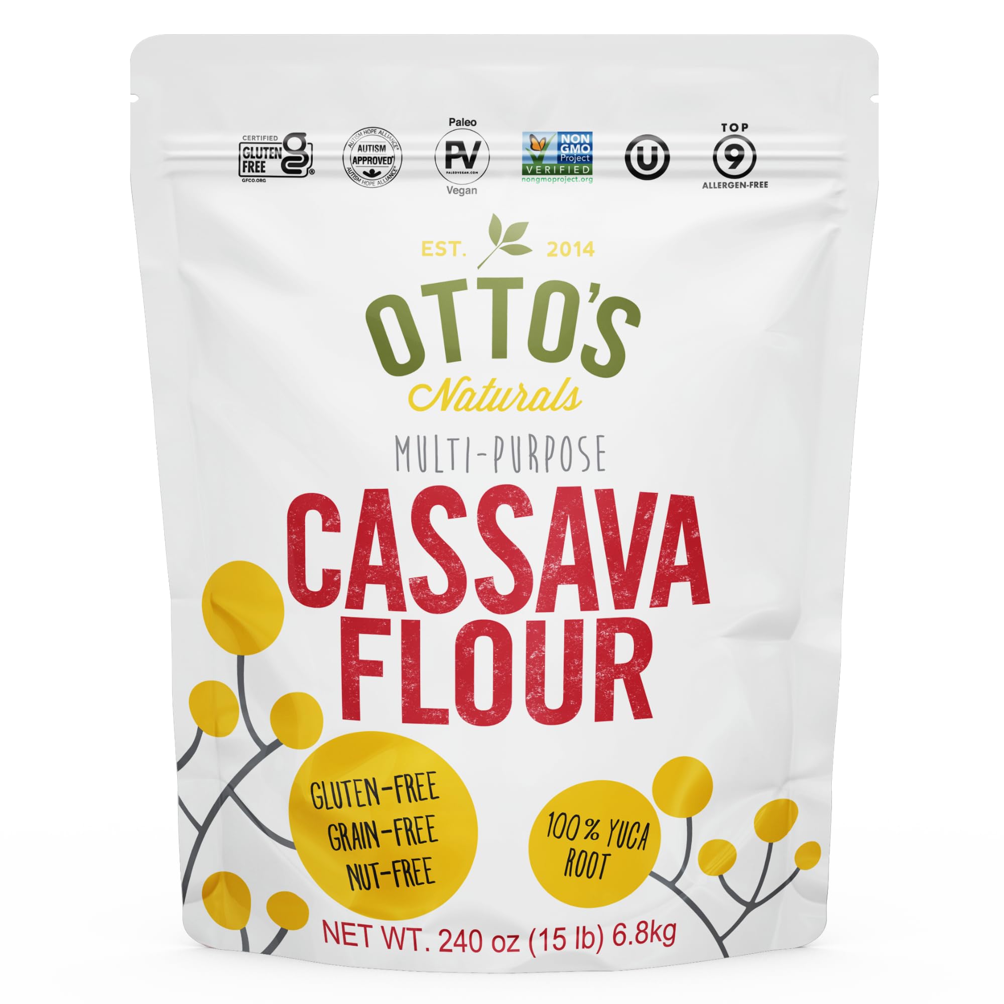 Otto's Naturals Cassava Flour, Gluten Free and Grain-Free Flour For Baking, Certified Paleo & Non-GMO Verified, Made From 100% Yuca Root, All-Purpose Wheat Flour Substitute, 15 lb Bag