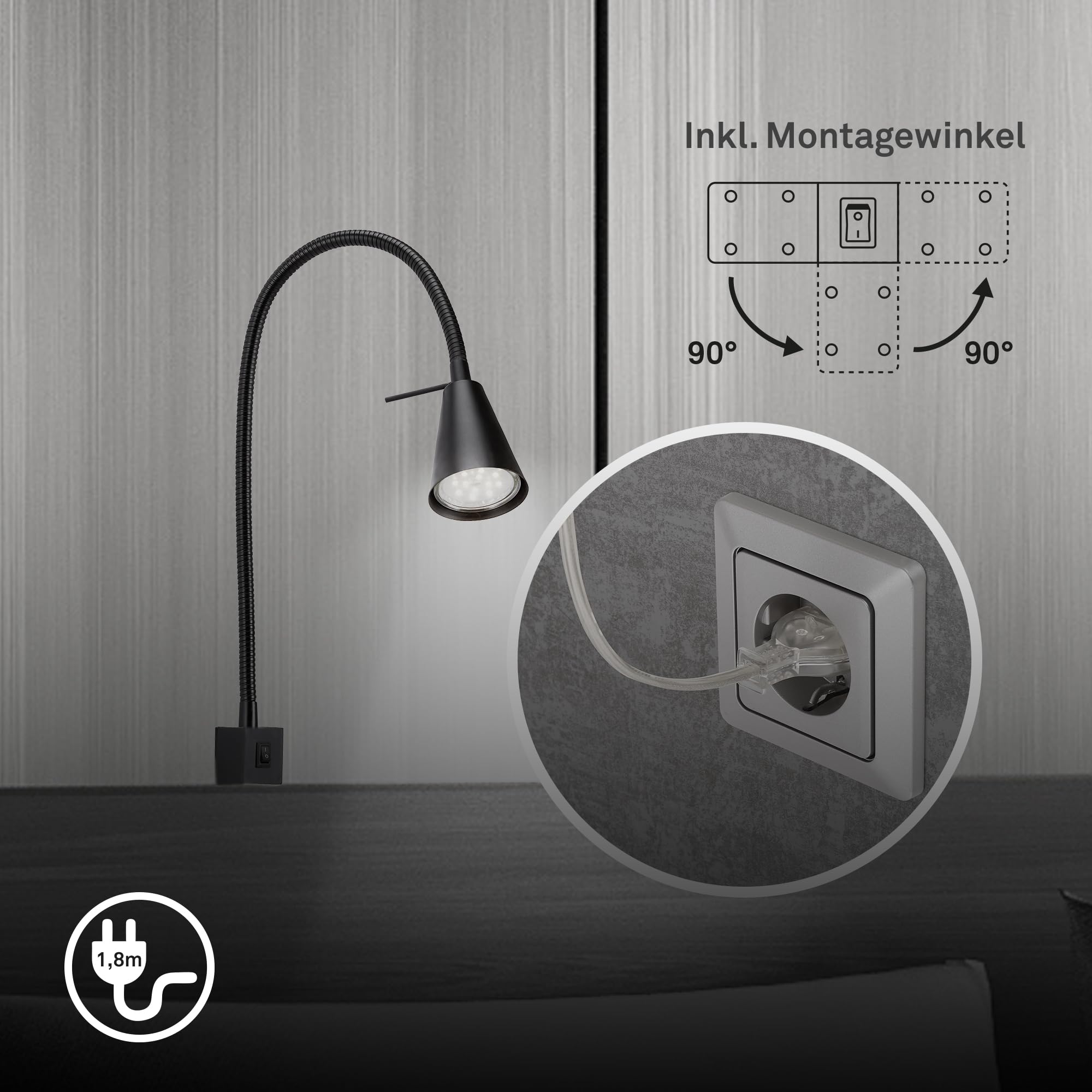 BRILONER - LED Leselampe mit Schalter am Gehäuse, schwenkbar, GU10 4,7W, 400lm, warmweißes Licht, Wandleuchte Innen, Wandlampe, Bettlampe, Lampe Bett, Leselicht, Nachttischlampe, 40,3 cm, Schwarz