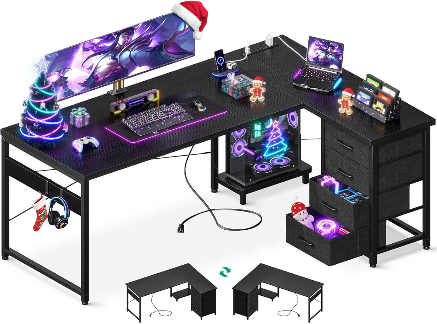 AODK L Shaped Gaming Desk with 4 Drawers, 61" Reversible Home Office Desks with Power Outlets, L Shaped Computer Desk with USB Charging Port and Host Stand, Corner Desk, Easy to Assemble, Black