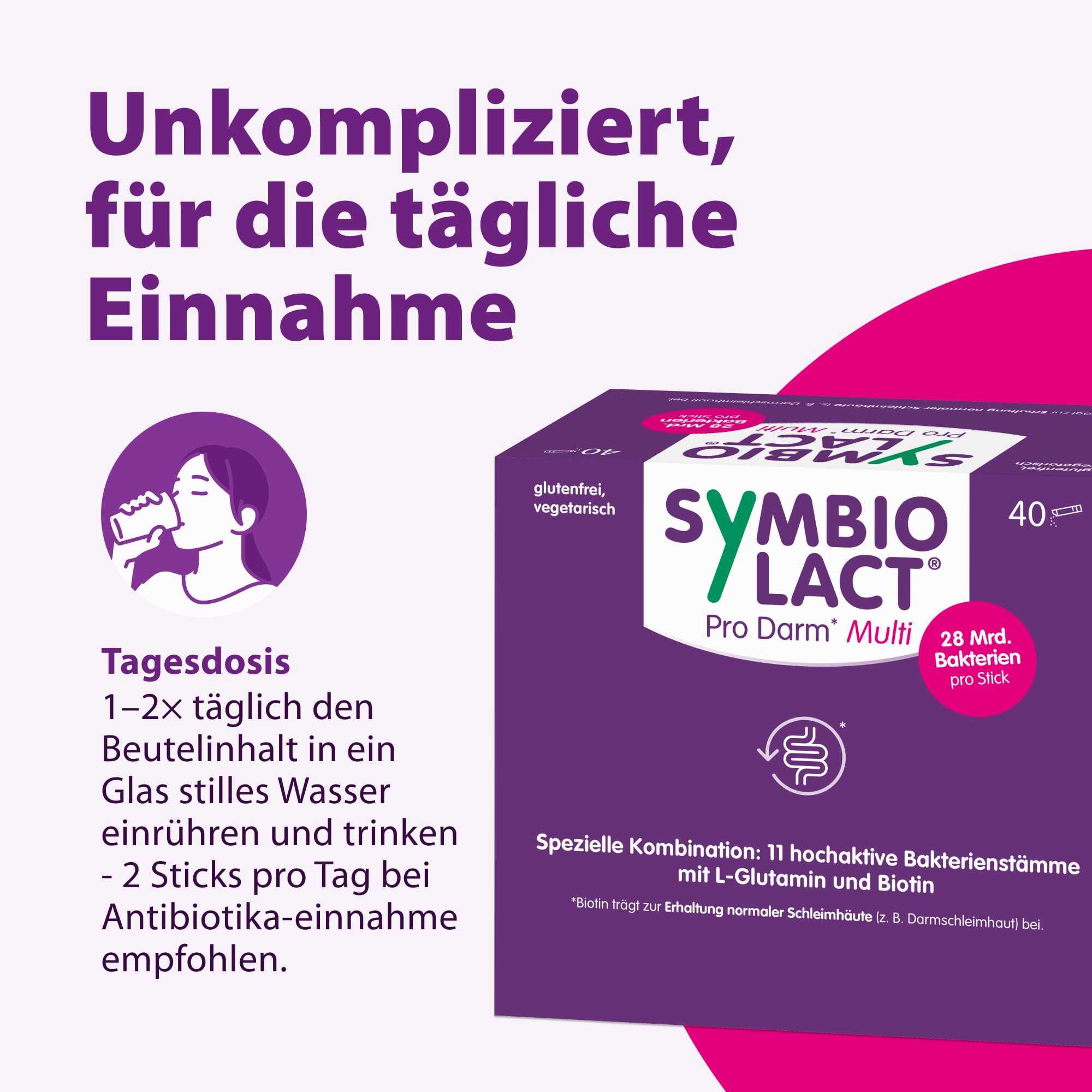 SymbioLact Pro Darm* Multi - unterstützt den Darm während & nach der Einnahme von Antibiotika* - mit Milchsäurebakterien, Biotin und Glutamin - 28 Mrd. Bakterien - glutenfrei - 40 Sticks