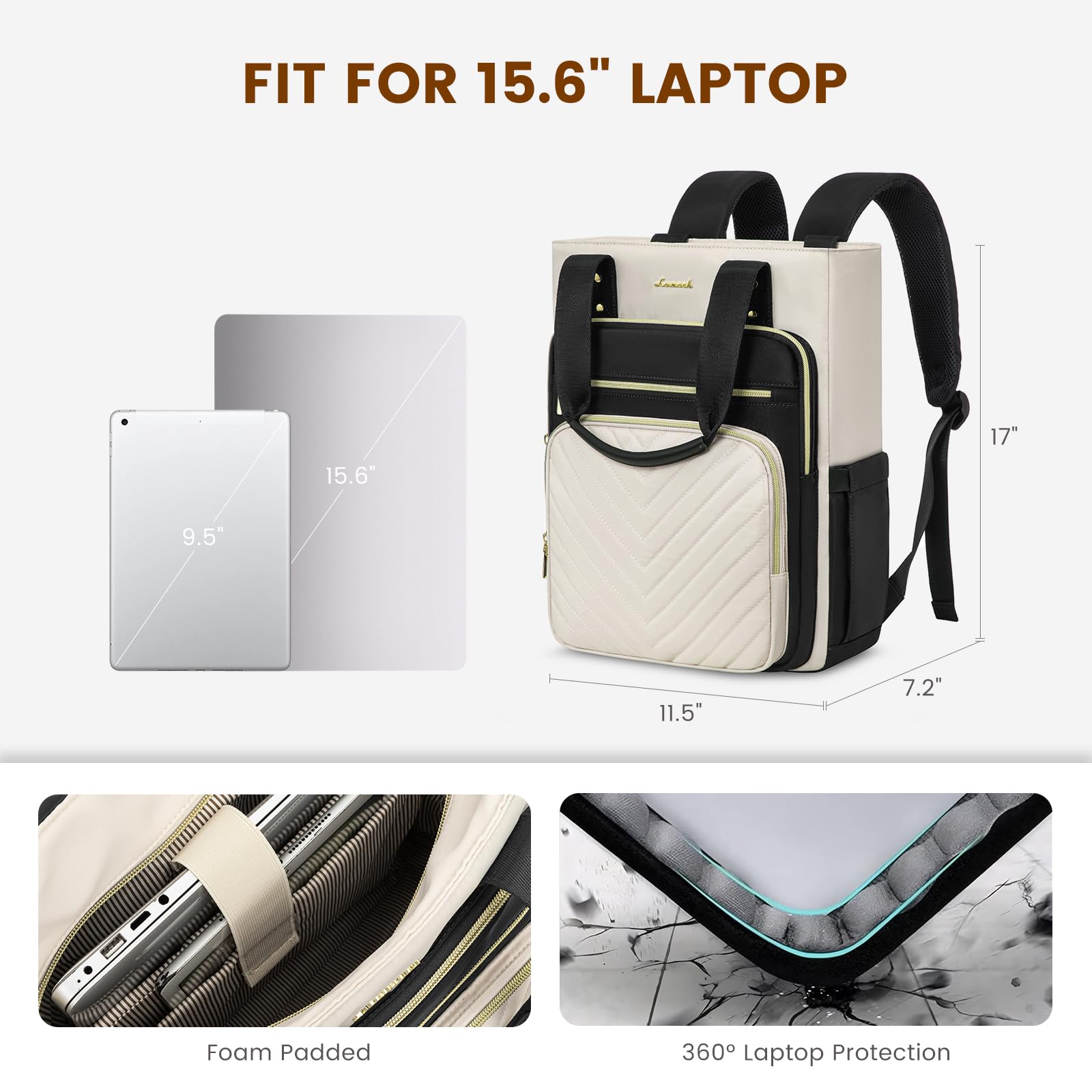 LOVEVOOK Laptop Backpack for Women, 15.6 Inch Work Business Travel Backpack, Fation Teacher Doctor Nurse Backpack Purse, Waterproof Cute Backpack, Black-Beige