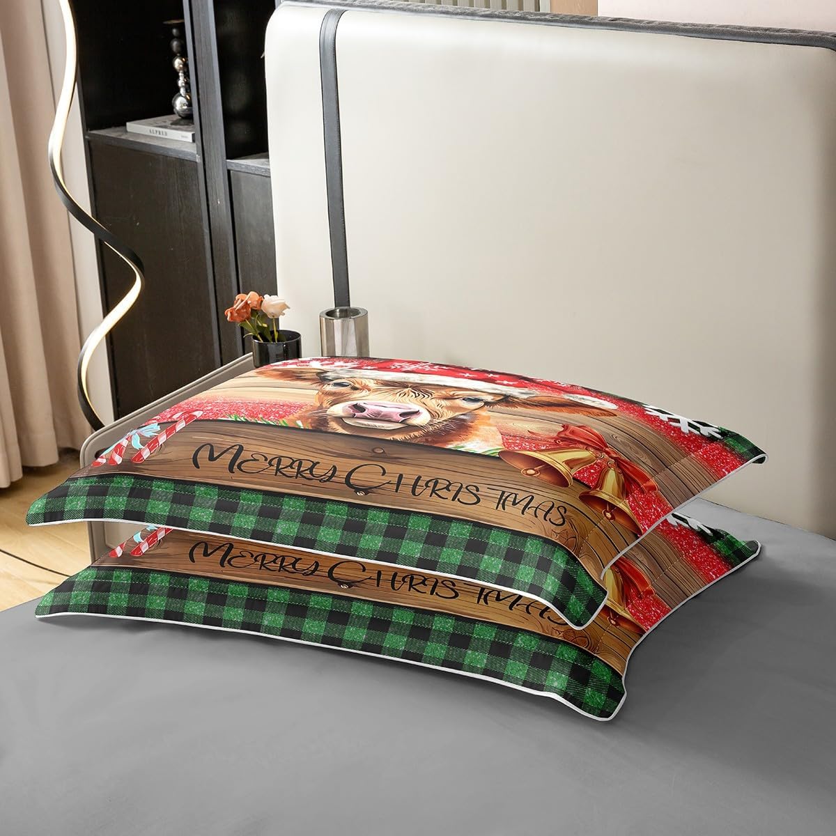 Manfei 100% Cotton Christmas Cattle Duvet Cover,Xmas Animal Snowflake Jingle Bell Bowknot Quilt Cover(No Filler),Rustic Wooden Plank Green Plaids Patchwork Decorative Quilt Cover,3Pcs Full Size
