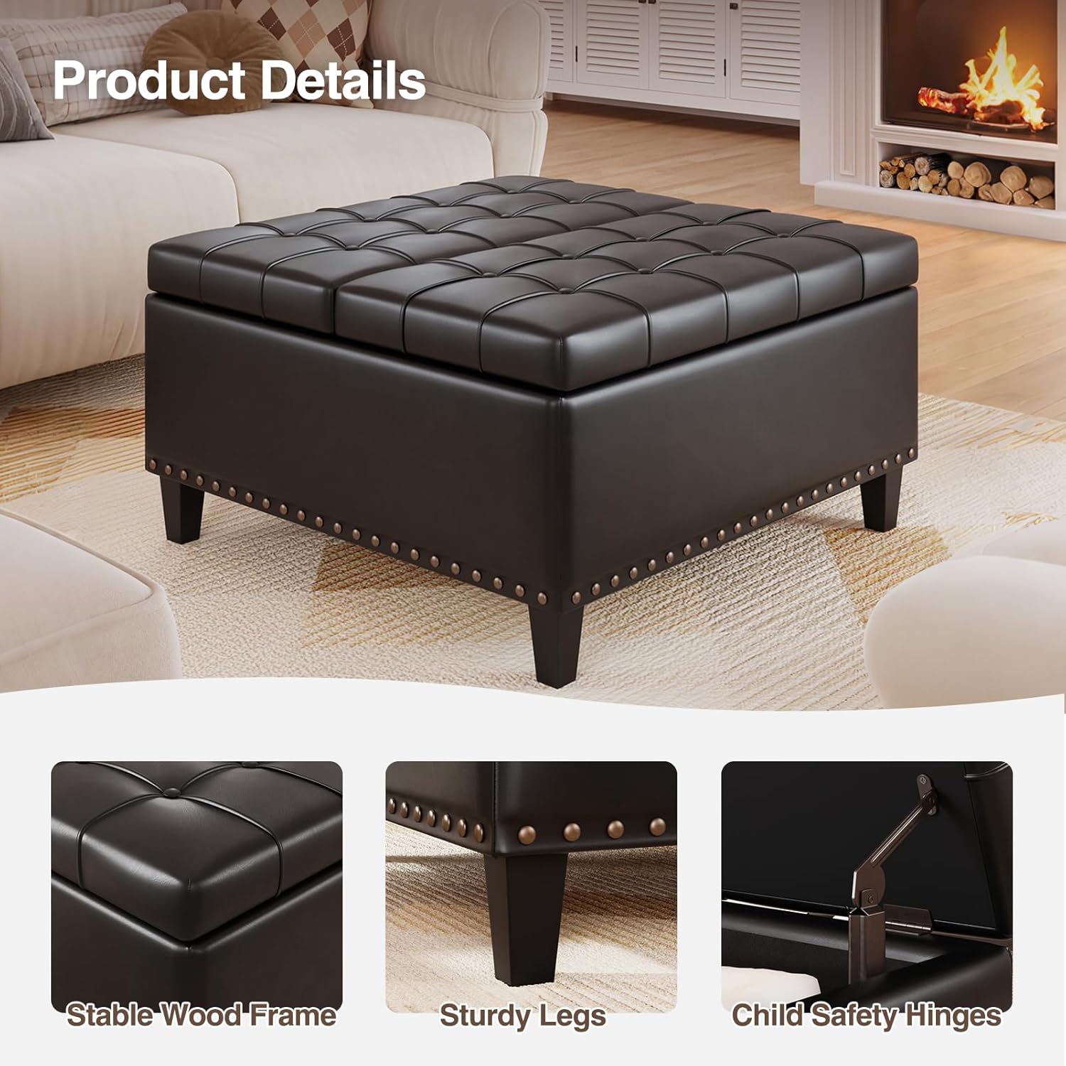 Square Leather Ottoman with Storage, Faux Leather Coffee Table with Lift Top,Large Upholstered Footrest Stool Toy Box Storage Bench for Bedroom Living Room, Black