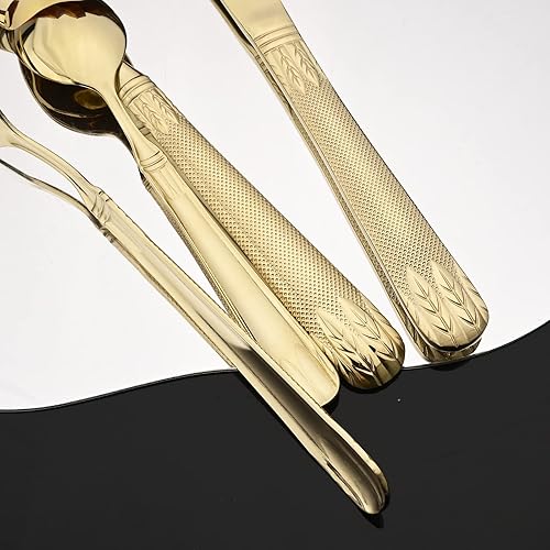 Miniatura 4 de JASHII Champagne Gold - Juego de cubiertos de acero inoxidable 304 para 4, con orejas de trigo vintage en relieve, mango plano pulido espejo, apto