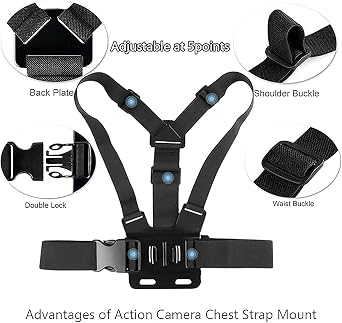 TEKCAM Elastic Chest and Head Harness for GoPro AKASO DJI Osmo | for Go Pro Hero 13 12 11 10 9 8 7/AKASO EK7000 Pro/WOLFANG/Apexcam/Jadfezy Action Camera Waterproof Chest Mount Head Strap