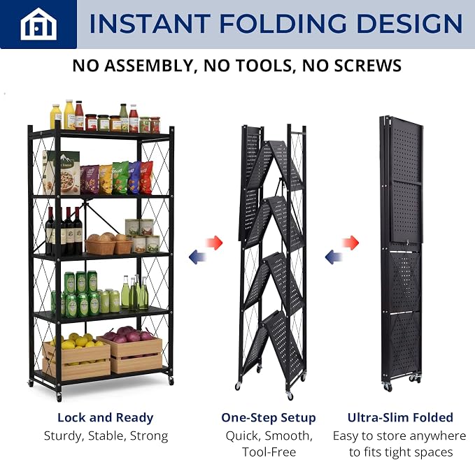 Estante plegable metálico 5 niveles con ruedas negro miniatura 3
