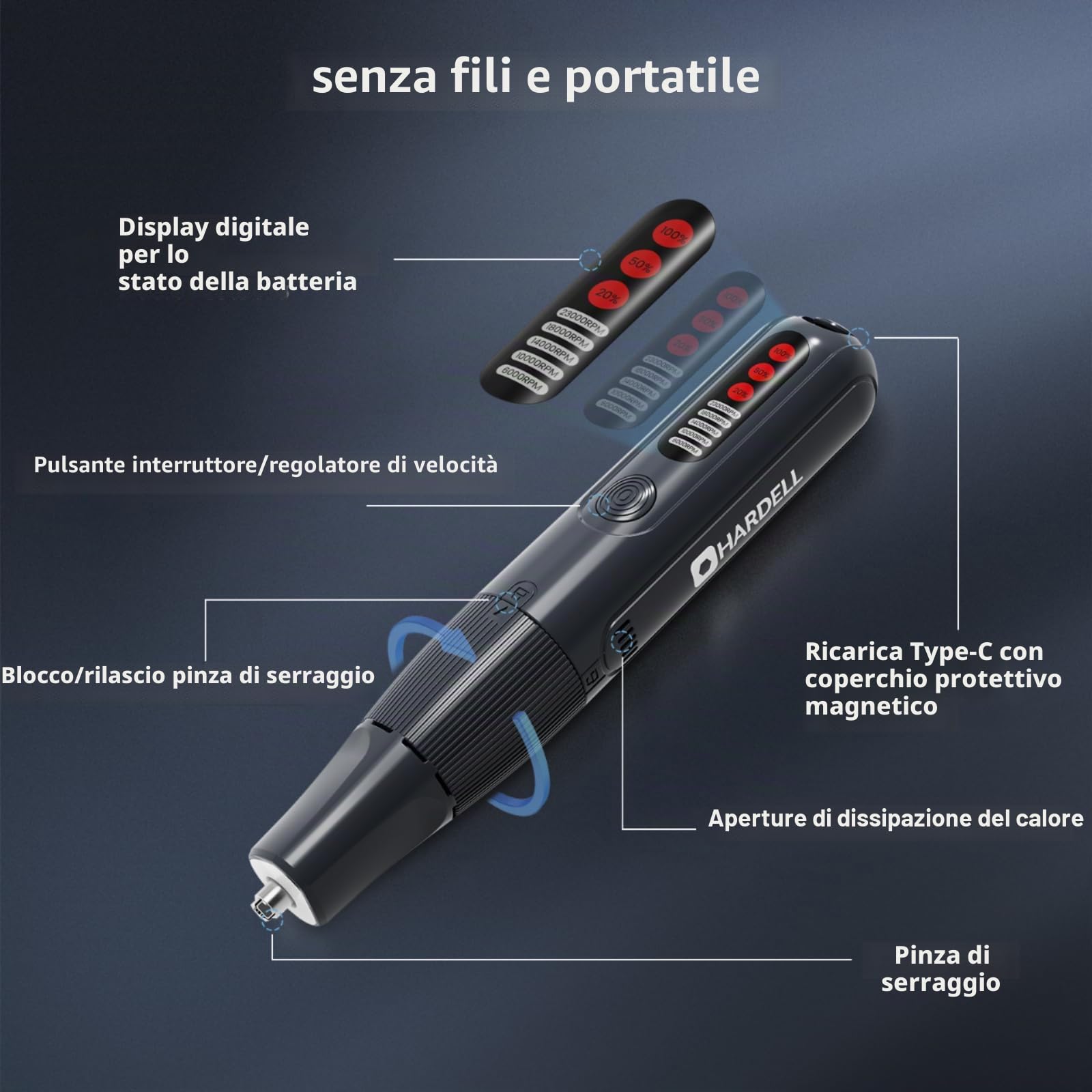 HARDELL Mini Trapano Elettrico 8V, Utensile Rotante Multifunzione, 5 Velocità, 61 Accessori, Display Digitale, Type-C, Luce LED, Aspirazione Magnetica, Per Forare, Incidere, Lucidare, DIY