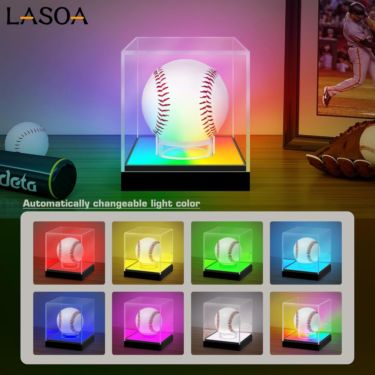 LASOA Baseball Display Case with RGBW LED Light, Acrylic Display Box for Memorabilia, UV Protection Dust Proof for Autographed Ball with Ball Stand, 4x4x4 Inch