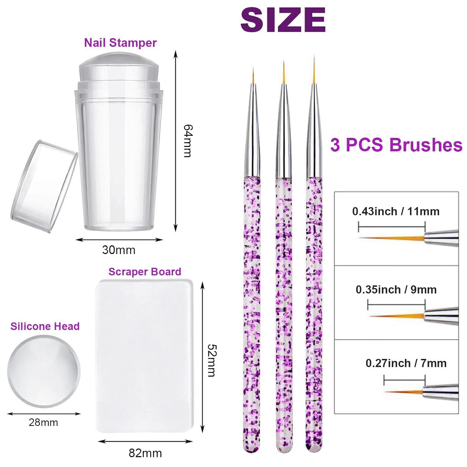 Nail Stamper Nail Art Brushes - French Tip Nail Stamp Clear Nail Art Stamper Jelly with Scraper, 3pcs Nail Pen Brushes, Soft Silicone Stamper Printer DIY French Tip Nail Stamping (3Pcs)
