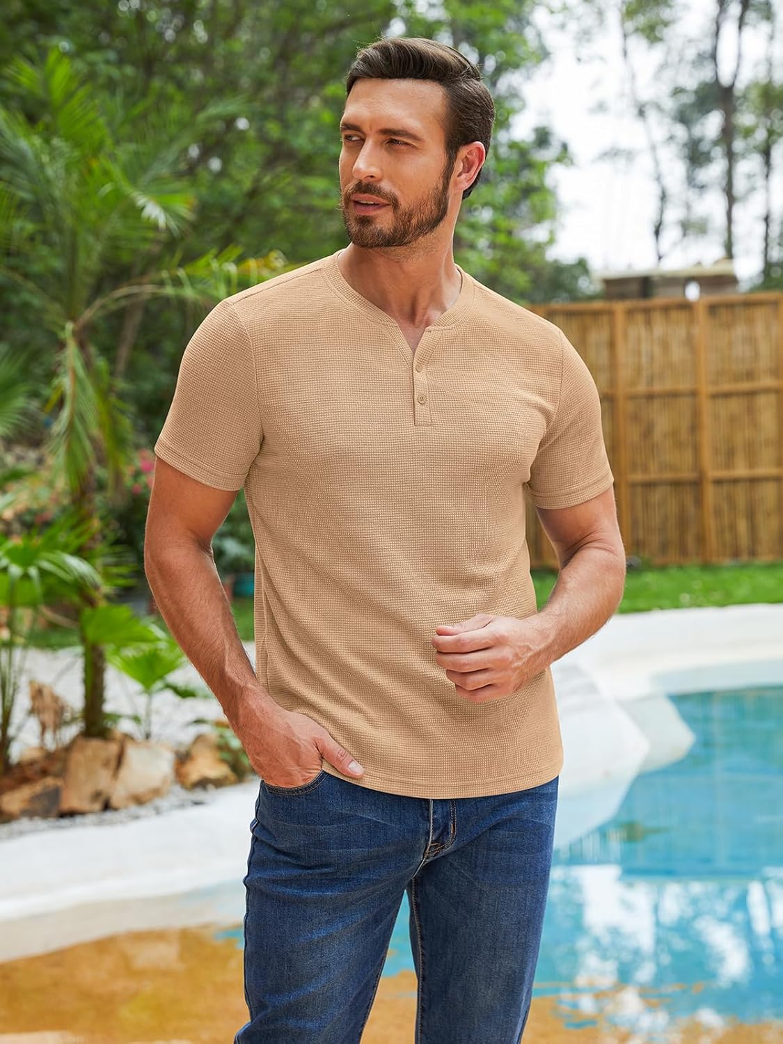 RQP Men's Henley Shirts Short Sleeve Waffle Stretch T Shirts Summer Casual Stylish Tops - Image 3