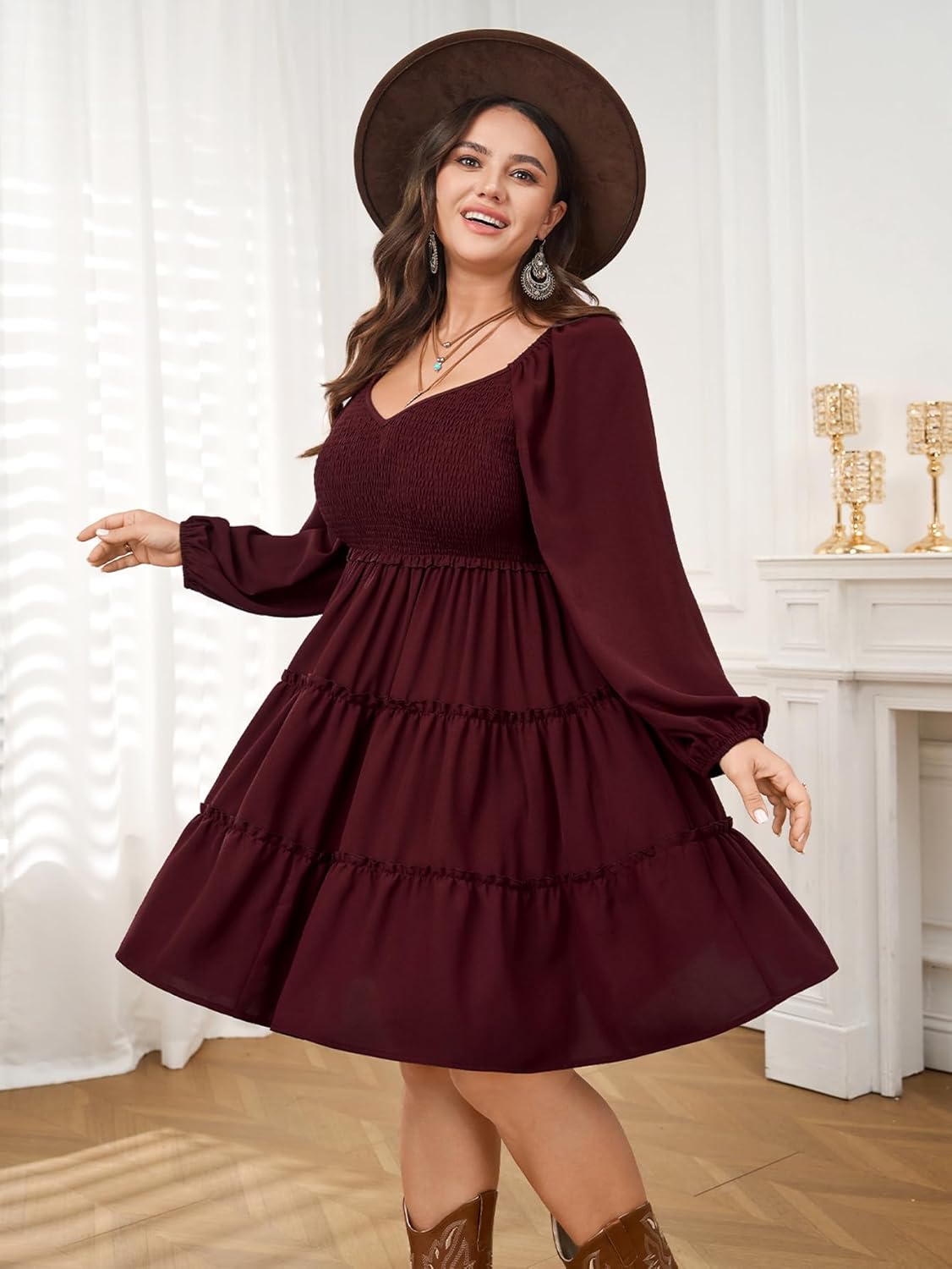 Plus Size Dresses for Curvy Women Smocked Long Sleeve Tiered Flowy Cute Short Fall Mini Dress - Image 6