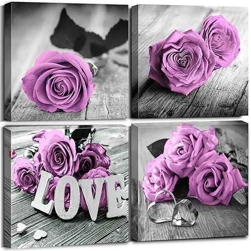 Decoración de pared para habitación de niñas, rosa púrpura claro, lienzo para dormitorio, impresiones de flores en blanco y negro para baño,