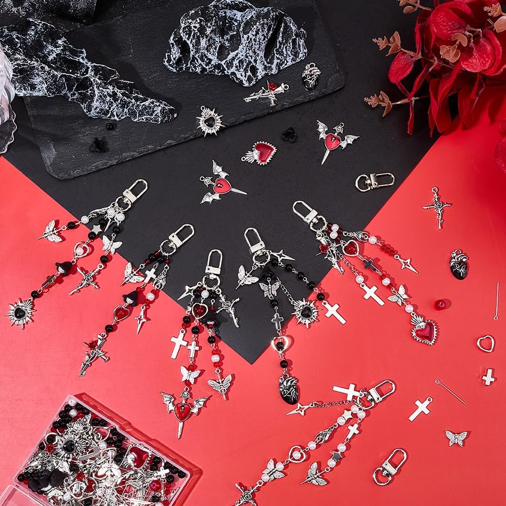 SUNNYCLUE 1 Box DIY 6 Sets Gothic Bag Charms Halloween Keychain Kit Black Red Silver Star Rose Flower Crosses Sacred Heart Wing Skull Charms for Handbags Bags Backpacks Party Supplies Accessories
