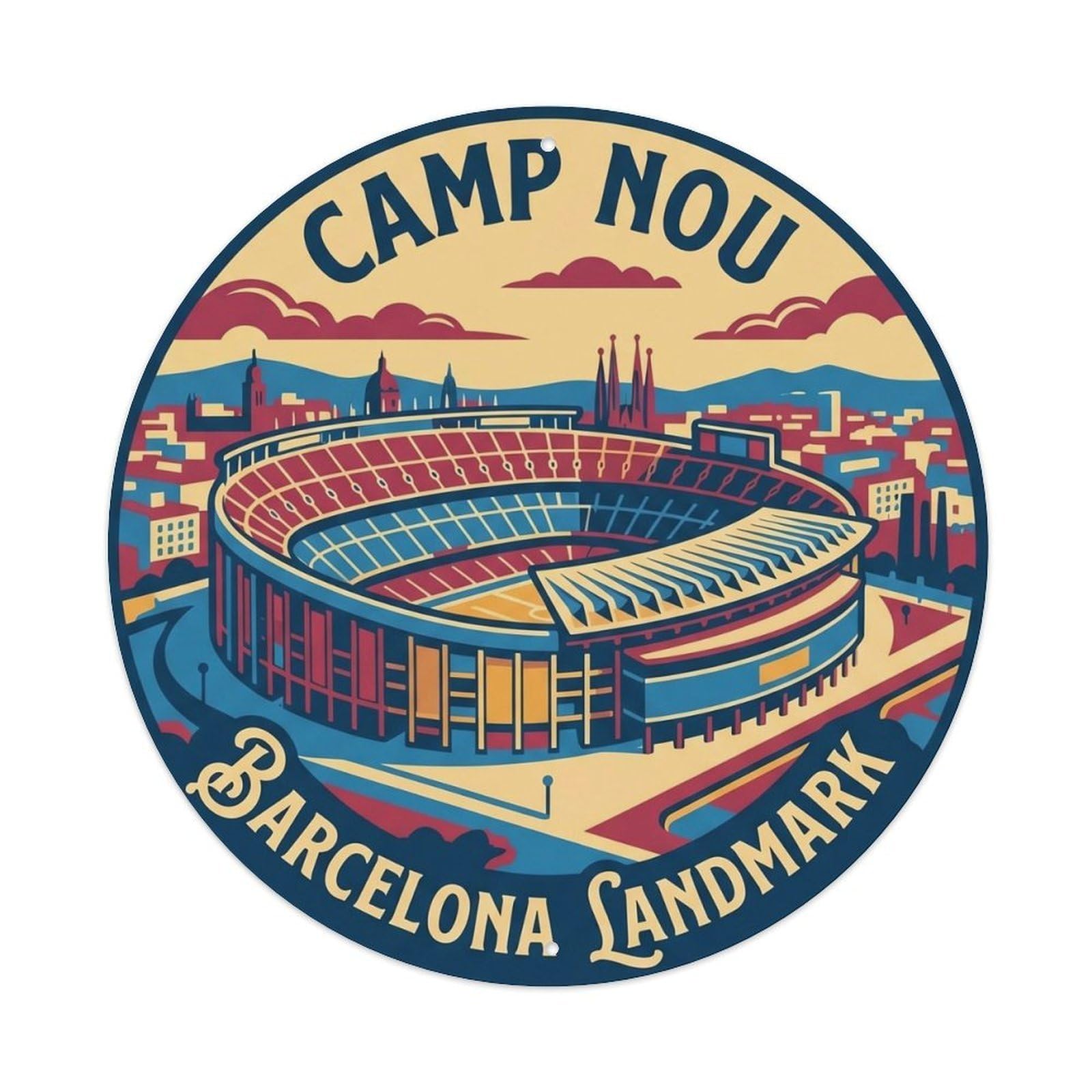 Barcelona Landmark Destination Scenery Camp Nou City Metal Tin Sign Plaque Wall Decor for Cafe, Man Cave, Club Bar, Office, Home Garden Round Metal Poster 8x8Inch