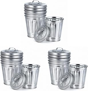jojofuny 9 Pack Mini Trash Cans with Lids, 3.7 Inch Silver Metal Garbage Can Favor Buckets, Small Desktop Bins for Trash Truck Birthday Party, Office Desk, Craft Storage, Pen Holder, Mini Planter