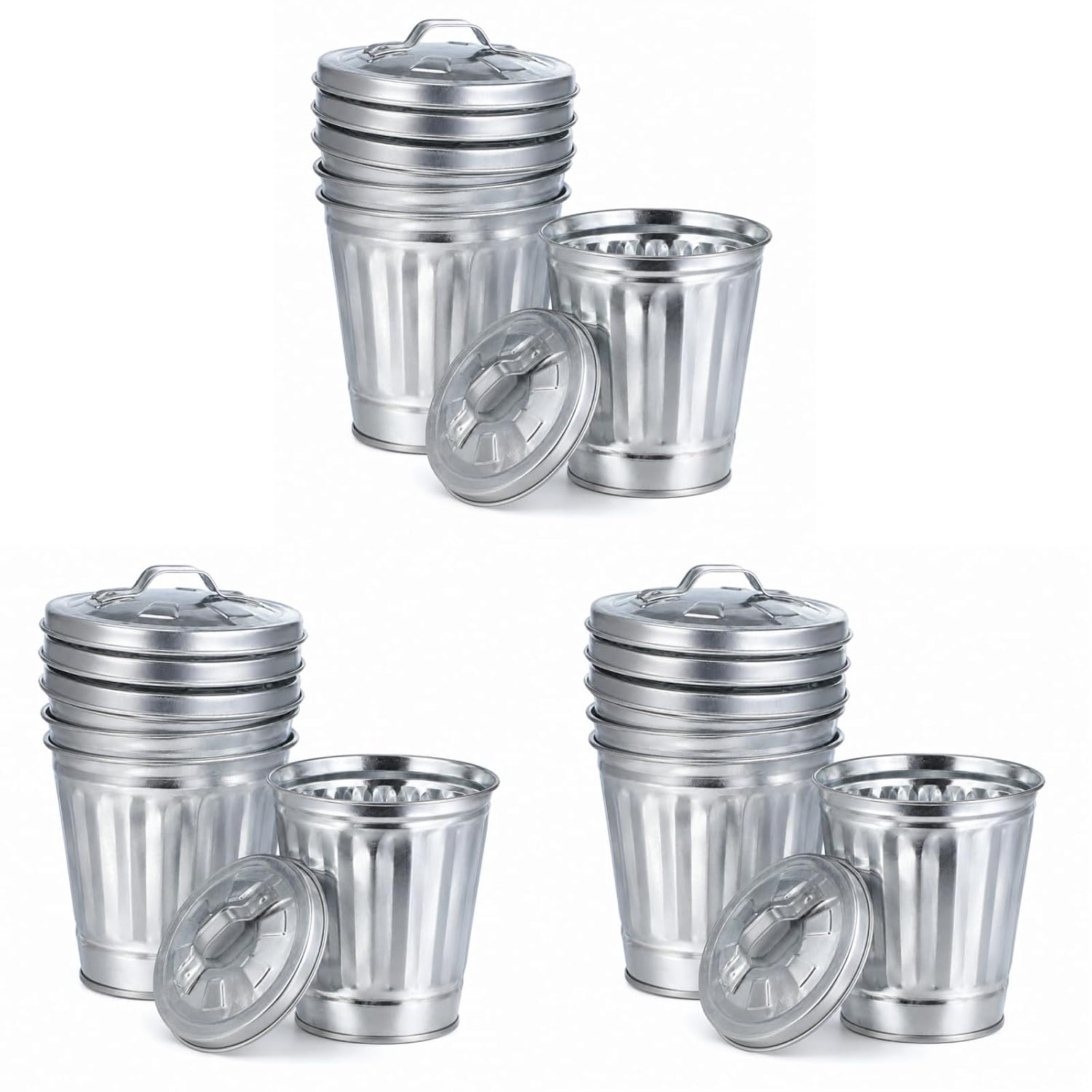 jojofuny 9 Pack Mini Trash Cans with Lids, 3.7 Inch Silver Metal Garbage Can Favor Buckets, Small Desktop Bins for Trash Truck Birthday Party, Office Desk, Craft Storage, Pen Holder, Mini Planter