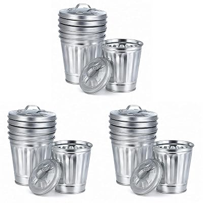 jojofuny 9 Pack Mini Trash Cans with Lids, 3.7 Inch Silver Metal Garbage Can Favor Buckets, Small Desktop Bins for Trash Truck Birthday Party, Office Desk, Craft Storage, Pen Holder, Mini Planter