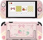 GeekShare Strawberries with Cream Case Compatible with Switch OLED, Soft Silicone Slim Protective Cover with Separable Shell and 2 Thumb Grips (Pink)