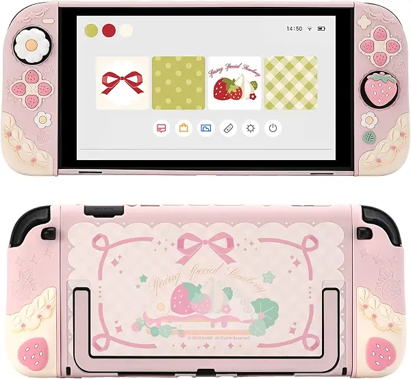 GeekShare Strawberry Protective Case Compatible with Switch 2, Slim Separable Soft Silicone Cover Shell with 2 Thumb Grip Caps for Switch 2025 Game Console & Joystick - Pink