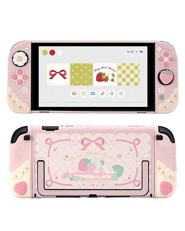 GeekShare Strawberries with Cream Case Compatible with Switch 2, Slim Separable Soft Silicone Protective Shell with 2 Thumb Grip Caps -- Pink by GeekShare - Used condition - US$28.21