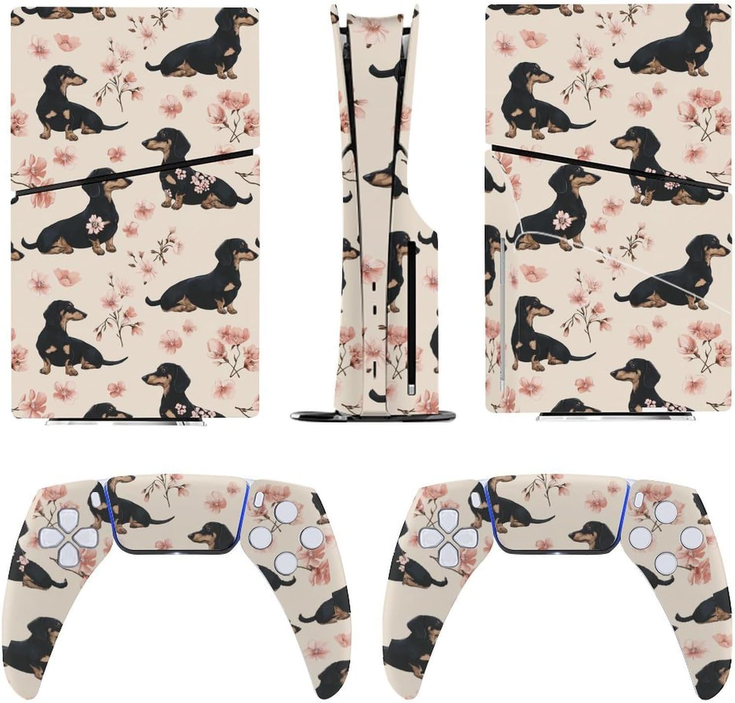 Sticker for 5 Slim Disc Skin Cute Dachshunds with Pink Floral Skin Controller Accessories Cover Skins Anime Vinyl Cover Sticker Full Set Only for 5 Slim Disc Edition