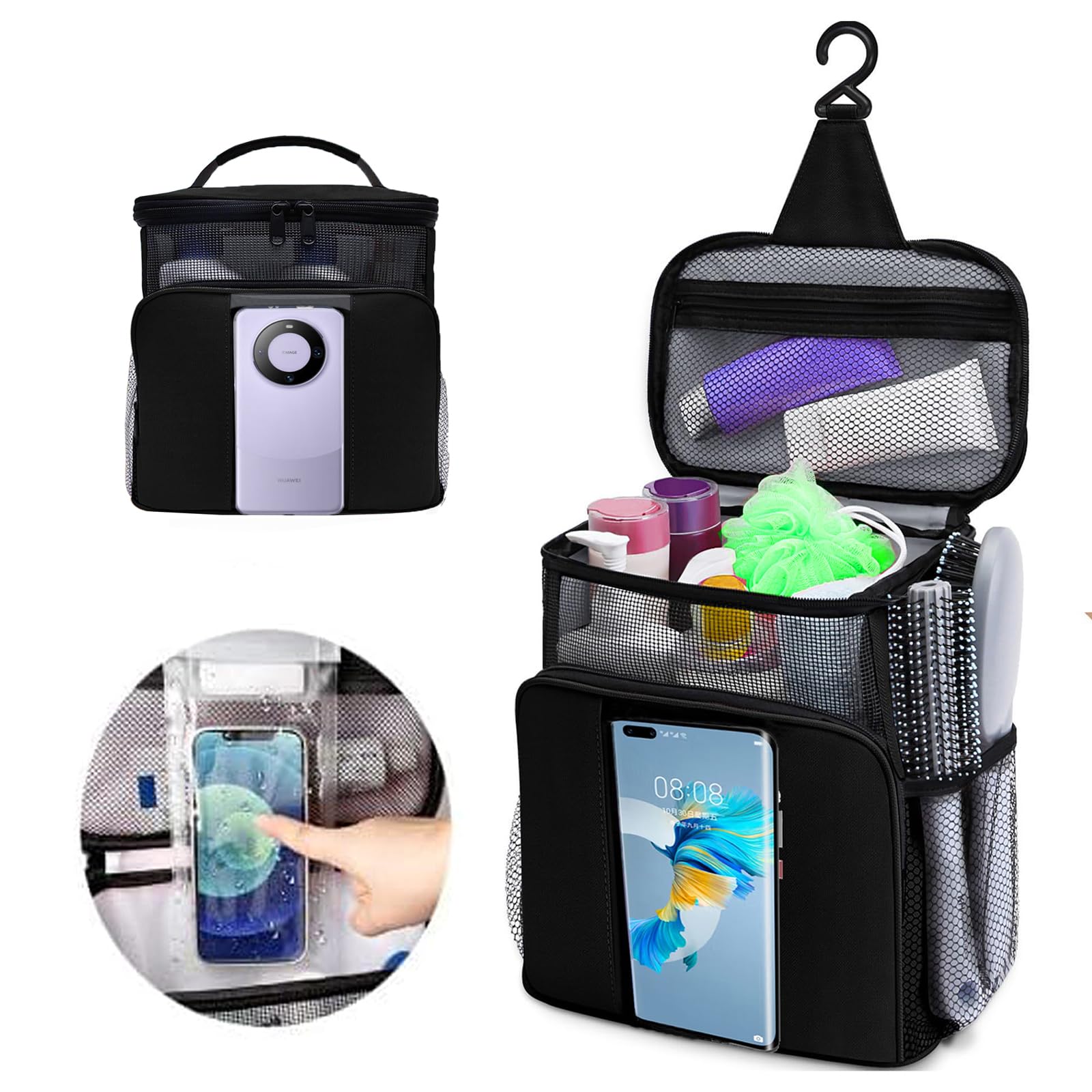 Dorm Room Essentials for Guys Girls Quick Dry Mesh Shower Caddy Portable Large Capacity black Shower Bag Hanging