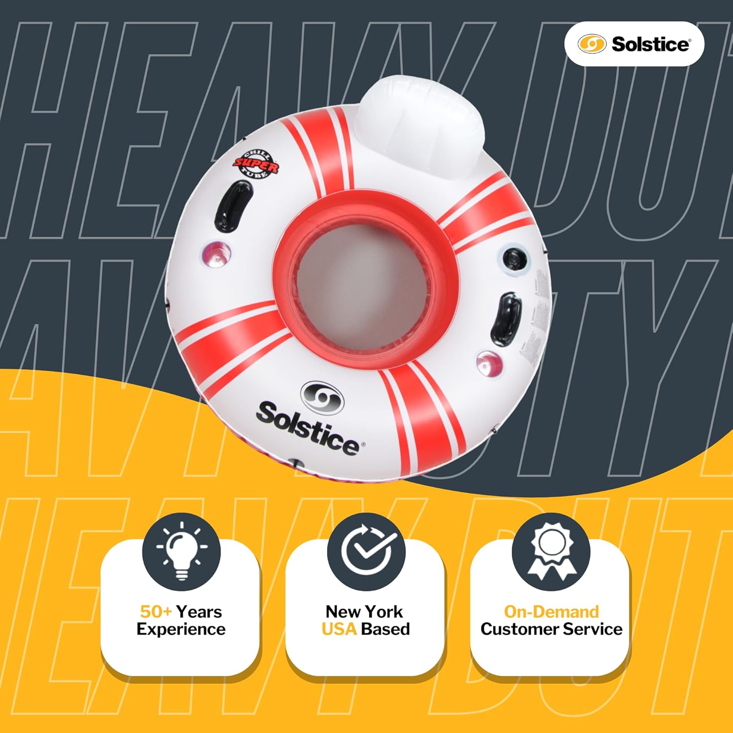 SOLSTICE Inflatable Tube Float – Heavy-Duty Material with Grab Handles for Pool, Lake & River – Compact with Backrest, Mesh Base, Cupholders & Rope – 1-Person, White & Red, 46" – Super Chill